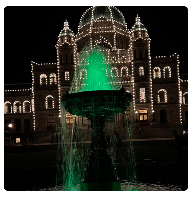 Photographie de la fontaine devant le bâtiment législatif de la Colombie-Britannique éclairée en vert pour la marche Light Up for Mito 2024 de Hazel.